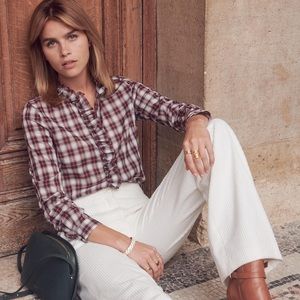 Sezane Solange Plaid Ruffle Red Shirt Size 36 US 4